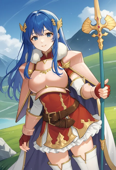 score_9, score_8_up, score_7_up, source_anime BREAK 1girl, solo, <lora:caeda-fe-richy-v1_pdxl:1> caedaleg, blue eyes, blue hair, long hair, bangs, hair ornament, fur trim, pink shoulder armor, pink breastplate, pink armor, red dress, frilled skirt, red gloves, fingerless gloves, pink gauntlets, brown belt, white thighhighs, thighs, cape, standing, outdoors, fantasy, mountain, blue sky, cloudy sky, parted lips, looking at viewer, smile, polearm, holding polearm