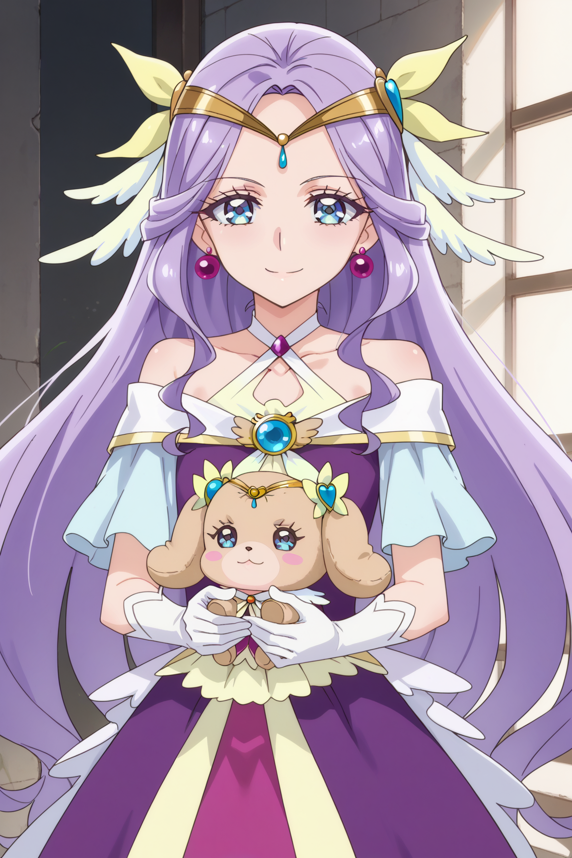 score_9, score_8_up, score_7_up, source anime, prefect lighting, very aesthetic, BREAK, anime screencap, anime coloring,
<lora:fuurin_asumi_precure_v1-pdv6:0.9>, 1girl, cure earth, healin' good precure, blue eyes, long hair, purple hair, stuffed toy, 
magical girl, purple dress, circlet, hair ornament, earrings, collarbone, 
BREAK, smile, looking at viewer, blush, cowboy shot, 
BREAK,