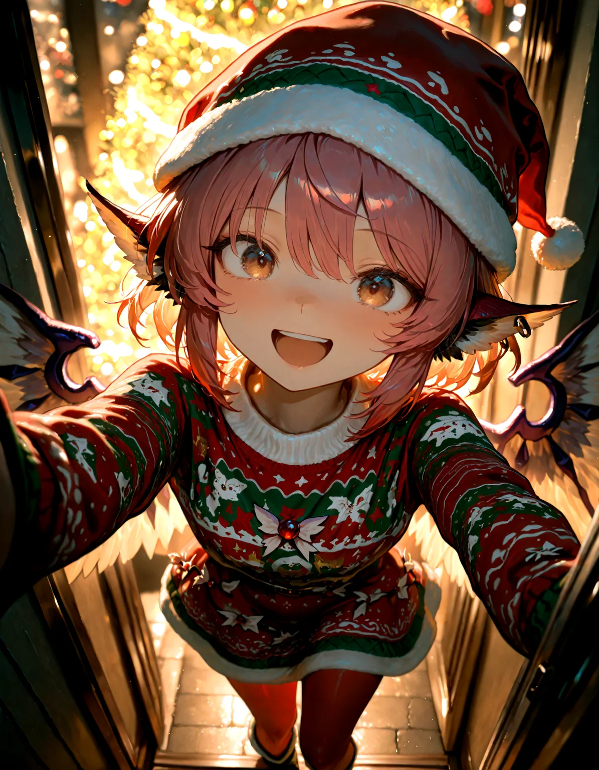 Christmas, dress, red pantyhose ,santa_hat ,Christmas sweater,
1girl, solo, mystia_lorelei, soft lighting , pov, smile, :d ,from_above
masterpiece, best quality, amazing quality, very aesthetic, absurdres, newest, (volumetric lighting),
<lora:world_christmassweater:0.5>,<lora:cfg_scale_boost:0.5>, <lora:ponyv5_noobE11_1_adamW:0.5>, <lora:illustrious_noobai_epsilon_pred_1_best_quality_v1:0.5> ,<lora:illustrious_noobai_epsilon_pred_1_masterpieces_v1:0.5> ,<lora:illustrious_noobai_epsilon_pred_11_very_aesthetic_v1:0.5>