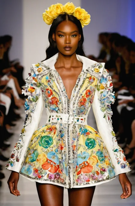 robots modeling clothing on the runway at a fashion show. The models are wearing this season's hottest trends, haute couture from a variety of designers and designs in vibrant colors