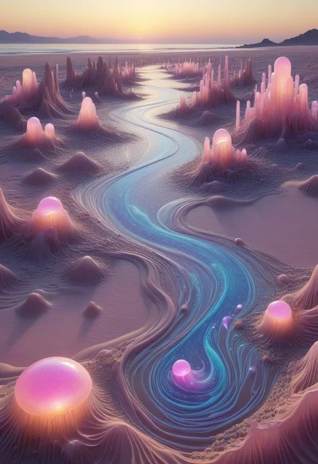 A vast desert landscape where the sand dunes liquefy into glossy waves of pearlescent slime, rippling like a calm sea under a pink sunset. The air is filled with glowing, jellyfish-like entities floating lazily, their soft luminescence casting an otherworldly glow on the scene. Crystalline structures rise from the slime like ancient temples.
