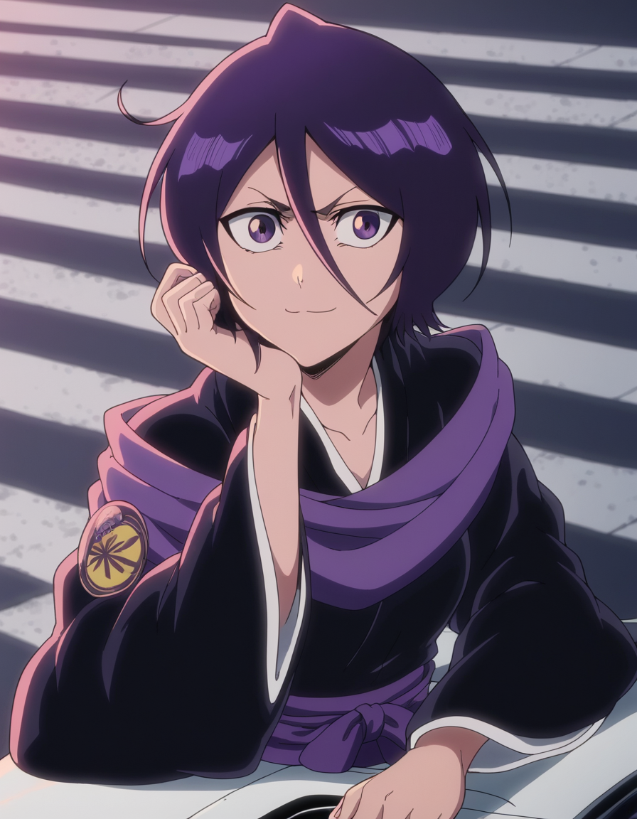 score_9, score_8_up, score_7_up, source_anime, <lora:rukia-kuchiki-tybw-ponyxl-lora-nochekaiser:1>, rukia kuchiki, black hair, hair between eyes, purple eyes, short hair, medium breasts, anime screencap, japanese clothes, kimono, hakama, black kimono, long sleeves, wide sleeves,, road, cars, asphalt, travel, speed, smile, head rest, looking at viewer, solo,, cowboy shot, solo