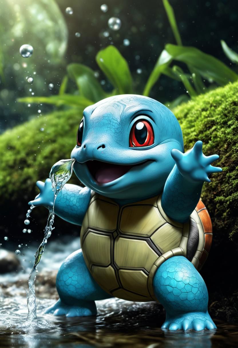 (masterpiece),
Squirtle in the nature,
water from his mouth,
dim light, cute, splash, 
ultra realistic, HDR, intricate details,