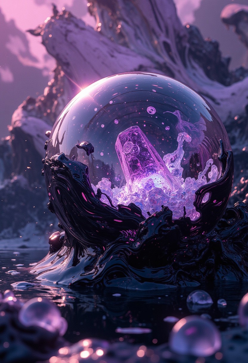 close-up of a glass orb partially submerged in rippling ink-black liquid, inside the orb swirling translucent filaments of violet and white light, suspended tiny crystalline shards slowly rotating, surface of the orb etched with microscopic fractal glyphs, soft reflections of neon circuitry patterns around the edges, scattered droplets frozen mid-air, the background morphing into abstract flowing silk folds of muted purple and carbon grey, gentle mist rising with faint luminescent sparkles, hyper-detailed material rendering, extreme focus on textural contrast between smooth glass, liquid turbulence, and hard-edged crystals, cinematic glow, subtle lens flare on highlights, slow surreal motion.