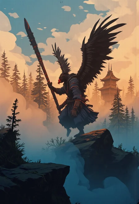 neon-mist, By Alex Vede, etherealink,
A Tengu, a legendary yokai from Japanese folklore, is depicted standing atop a high mountain peak, surrounded by misty pine forests. This creature has a humanoid form but with a long, red nose and piercing, glowing eyes. Large black wings extend from its back, and its traditional yamabushi (mountain monk) attire, consisting of a deep blue robe and wooden geta sandals, flutters in the wind. The scene is dynamic, with the Tengu gripping a wooden staff called a shakujo, exuding an aura of wisdom and danger. A traditional Shinto shrine, half-hidden by the mist, stands in the background, adding mysticism. The sky is cloudy with a hint of sunset glow, casting golden light through the treetops, emphasizing the contrast between the supernatural and the natural world. The atmosphere is intense, evoking an ancient presence, as if the Tengu is watching over the sacred mountain. The perspective is slightly low, making the Tengu appear imposing and powerful.