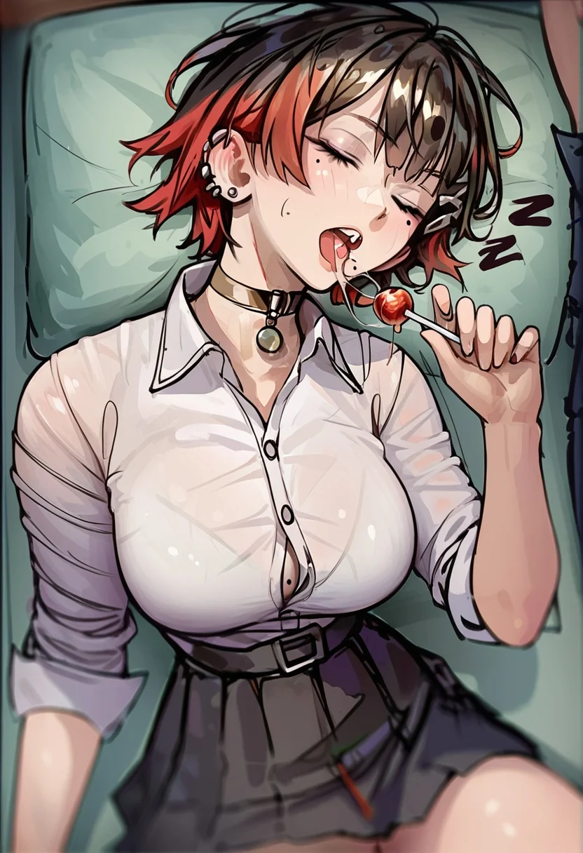 (score_9,score_8_up:1.1),score_7_up, high quality,
Hyuk_(yeayeo), 1girl, skirt, choker, breasts, short hair, piercing, shirt, ear piercing, tongue, food, closed eyes, white shirt, large breasts, hair ornament, red hair, sleeping, multicolored hair, zzz, black choker, pleated skirt, mole under eye, solo focus, tongue out, open mouth, candy, lollipop, collared shirt, black skirt, mole, shirt tucked in
