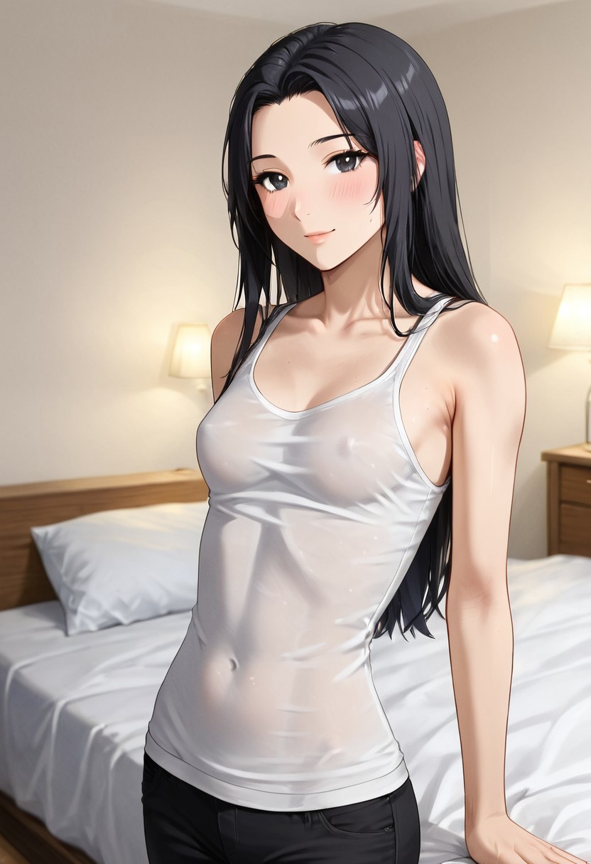 1girl, solo, long black hair, small breasts, 
pants, tank top,
bedroom,