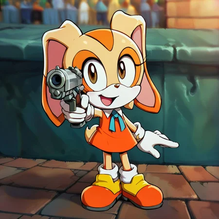 hi res, best quality, solo, female, (source_cartoon), Score_9, score_8, score_7, ultra detailed, (masterpiece), best anatomy, small body, young, petite, short, <lora:Cream_the_rabbit:1>, 1girl, animal nose, brown eyes, cre@m_the_rabbit, flat chest, furry, white gloves, open mouth, rabbit ears, rabbit girl, two-tone fur, official style, rabbit tail, orange dress, blue ribbon, neck ribbon, standing, smile, full body, outdoors, score_9, score_8_up, score_7_up, score_6_up, score_5_up, score_4_up, (1girl, aiming pistol against the camera:1.2), city in background
