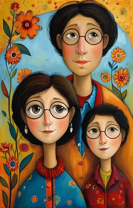 masterpiece,best quality,<lora:tbh146-sdxl:0.7>,portrait of family,illustration,style of Karla Gerard,