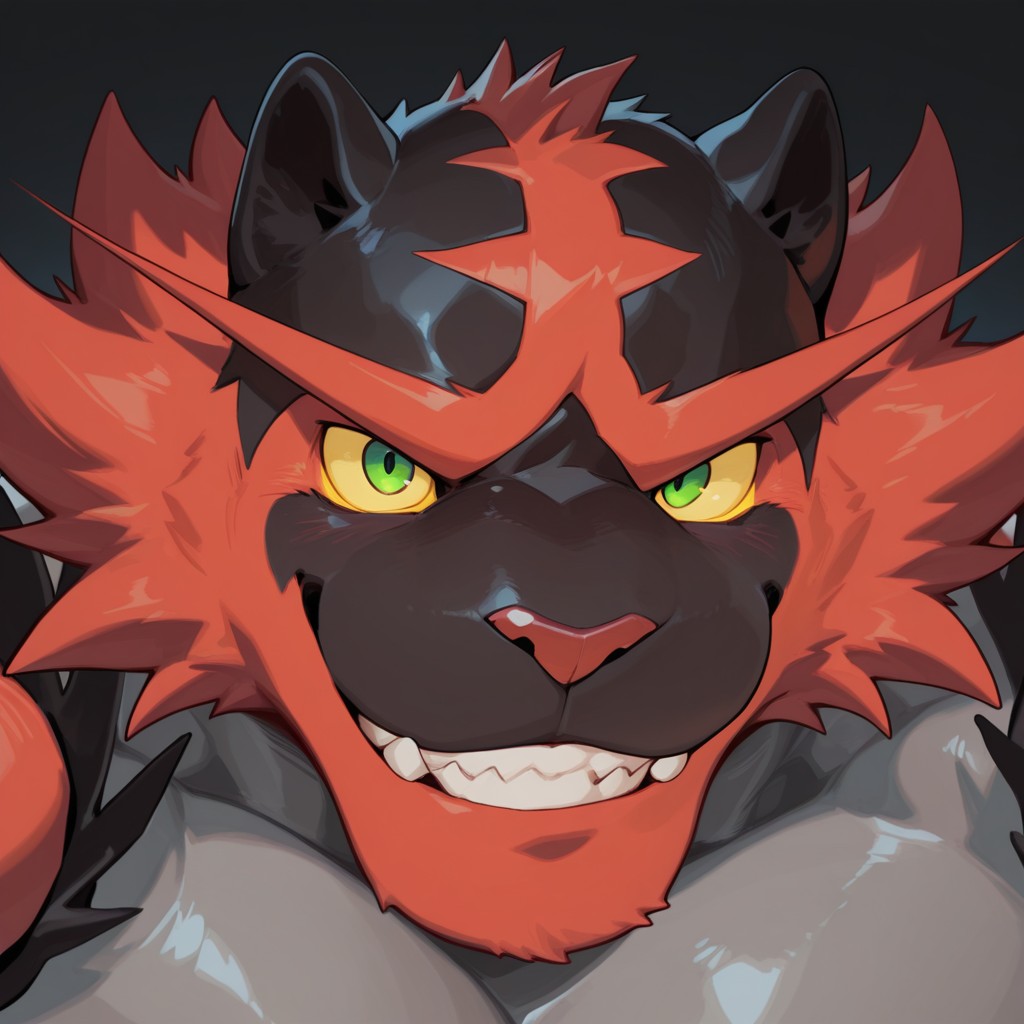 masterpiece, best quality, amazing quality, solo, 1boy, Incineroar, bara, yellow sclera, green eyes, close up, smile, teeth,  null-ghost, 