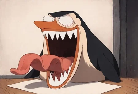 full body, score_9, score_8_up, score_7_up, score_6_up, score_5_up, score_4_up, source_furry, hi res, Skipper, penguin, looking at the viewer, smiling, 2D, drawing, feral, perfect eyes, one_piece_funny_face, eye pop, snot, sharp teeth, eyes vein lines, open mouth, tongue out, long tongue