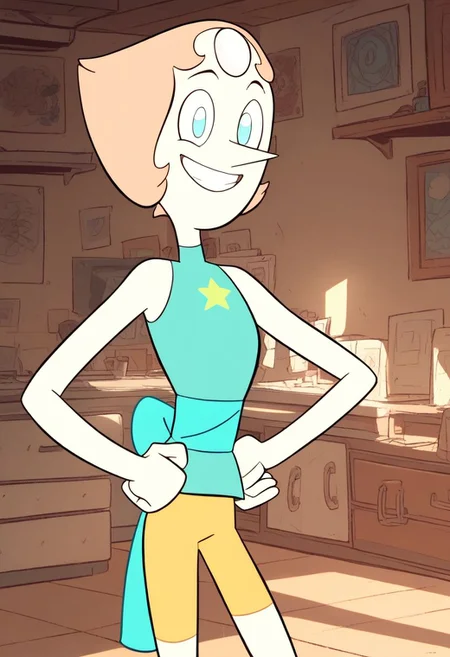 Score_9_up, score_8_up, score_7_up, 1girl, pearl, solo, peach hair, blue eyes, forehead jewel, sleeveless shirt, shorts, hands on hip, smile