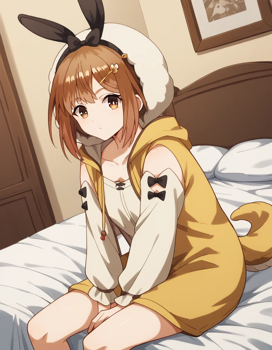 score_9, score_8_up, score_7_up, source_anime, reisalinstout, <lora:reisalin-stout-s1-ponyxl-lora-nochekaiser:1>, reisalin stout, short hair, brown hair, hair ornament, brown eyes, hairclip,, <lora:kigurumi-ponyxl-lora-nochekaiser:1>, kigurumi, animal hood, animal costume, cosplay, rabbit costume, dragon costume, bear costume, dinosaur costume, sheep costume, cat costume, dog costume, panda costume, tiger costume,, indoors, bed, bed room, sitting, , looking at viewer, solo, cowboy shot, dutch angle