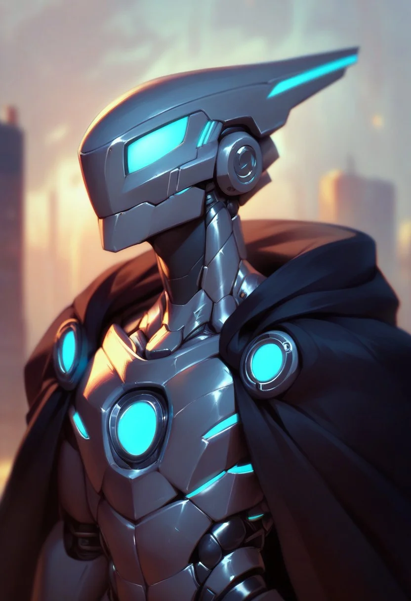 score_9, score_8_up, score_7_up, score_6_up, PRSNL, zPDXL, solo, 1boy, upper body, male focus, armor, no humans, glowing, helmet, robot, mecha, cloak, science fiction, cyborg, mechanical parts, humanoid robot