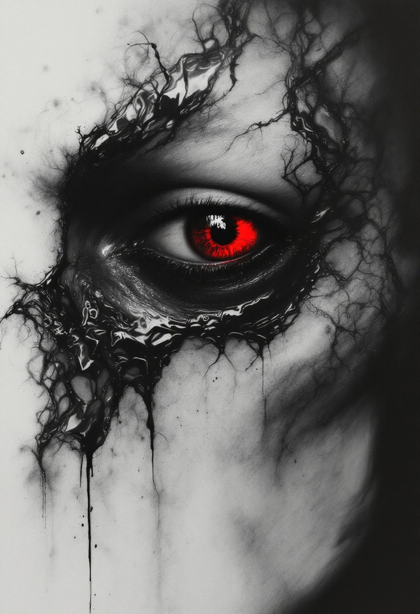 close-up of a vampire’s gaunt face half-submerged in liquid shadow, his human eye glistening with grief while the other burns crimson. Translucent dream-visions of a lost lover ripple across his skin like projected film. Style: Hyperrealistic portraiture fused with smoky charcoal sketches, echoing Francis Bacon’s distorted emotion.