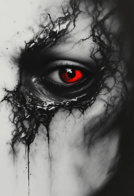 close-up of a vampire’s gaunt face half-submerged in liquid shadow, his human eye glistening with grief while the other burns crimson. Translucent dream-visions of a lost lover ripple across his skin like projected film. Style: Hyperrealistic portraiture fused with smoky charcoal sketches, echoing Francis Bacon’s distorted emotion.
