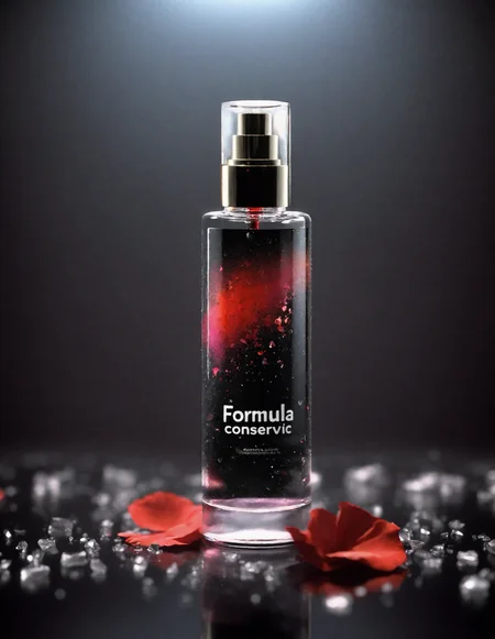 Advertising Photo shoot, Product Photo Shoot, a multi colour graffiti painted cylindrical conservative shaped bottle of Formula perfume with the (word "Formula" on it:1.3) and one red rose petal with dew drops sitting on top of a black colour glass table, volumetric light, back light, silhouette light, blurred gark colours graffiti in the background in the depth, a 3D render by Domenico di Pace Beccafumi, featured on cg society, aestheticism, rendered in unreal engine, made of crystals, rendered in cinema4d, f/1.8, shallow depth of field