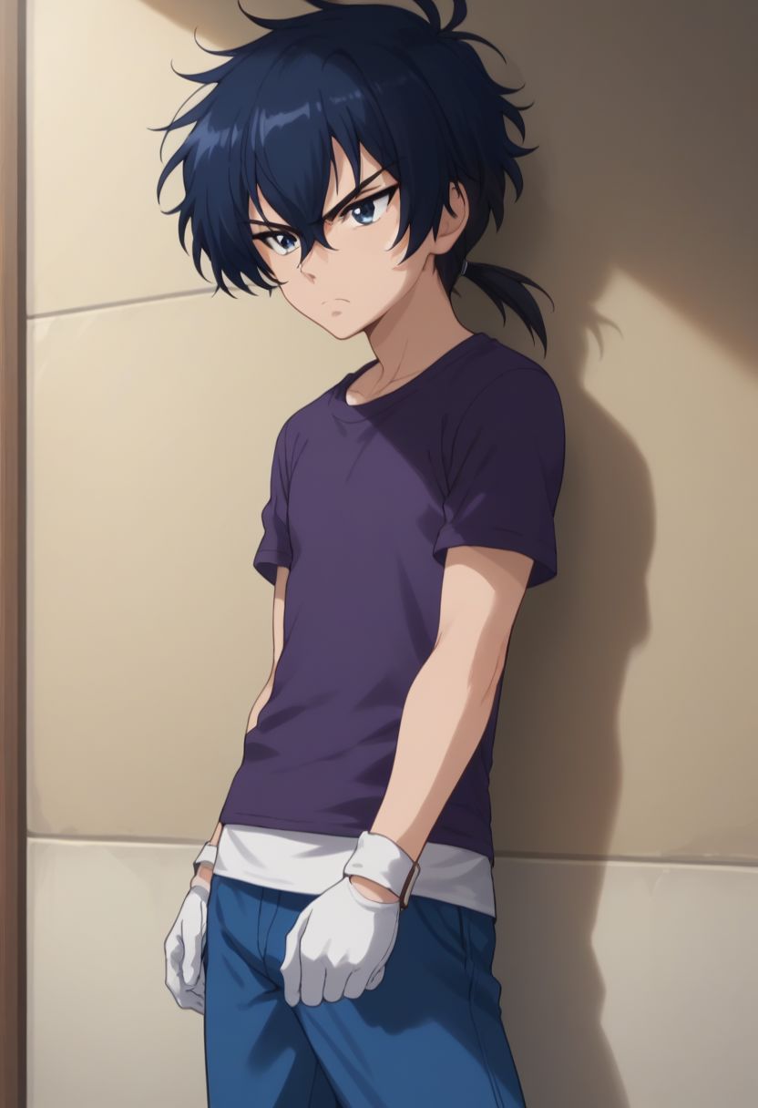 score_9, score_8_up, score_7_up, source_anime, highly detailed, 
samuru, 1boy, male focus, solo, gloves, blue hair, blue eyes, pants, black hair, hair between hair, ponytail, low ponytail, purple t-shirt, upper body,
indoor, frown,
