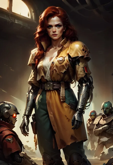 score_9, score_8_up, score_7_up, score_6_up, source_anime, w4rh4mm3r style oil painting, grimdark, young redhead woman, futuristic soldier with cybernetic arms, AH_Hayez, concept art, realistic, dark theme, low light, knva, halftone effect, retro artstyle