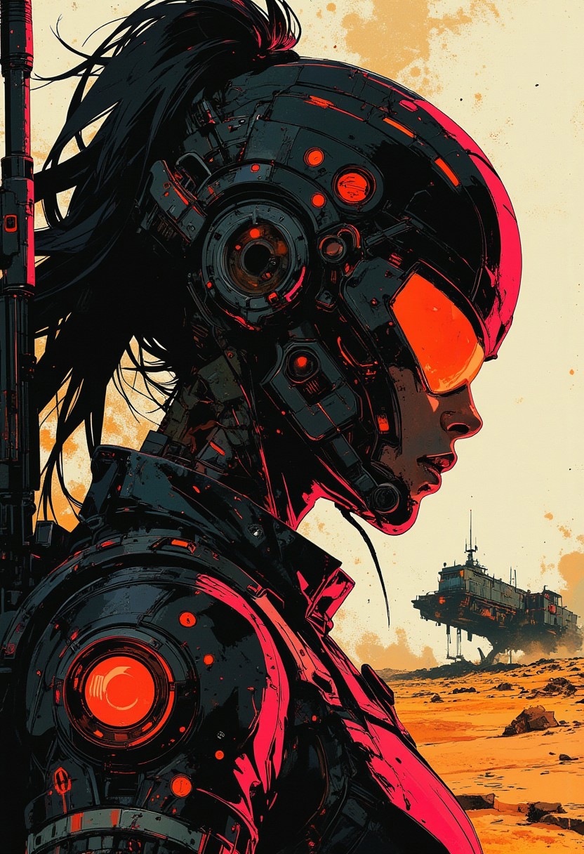 in the style of ck-mgs, nistyle, Inkplash art on rice paper, sepia, henna, Silhouette Art, magnificent, inksplash closeup portrait of a female bounty hunter, flowing black hair, reflective black and neon red armor, futuristic armor, a rifle strapped to her back, holding a pistol, abstract background suggesting a landed spaceship on a desert world,