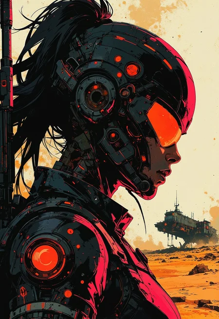 in the style of ck-mgs, nistyle, Inkplash art on rice paper, sepia, henna, Silhouette Art, magnificent, inksplash closeup portrait of a female bounty hunter, flowing black hair, reflective black and neon red armor, futuristic armor, a rifle strapped to her back, holding a pistol, abstract background suggesting a landed spaceship on a desert world,