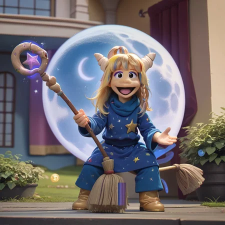 1girl, score_9, score_8_up, score_7_up BREAK Eureekaa, 1girl, blonde hair, multicolor hair streaks, ponytail, horns, black eyes, purple eyeshadow, long blue starry robe, blue star boots, smiling at viewer, full body, riding broom, magical sky outdoors, magic night background, magical broom, glittery moon staff, magic glitter powers,
