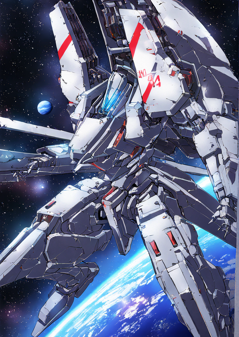 mecha,science fiction,no humans,glowing,retro artstyle,space,star \(sky\),planet,earth \(planet\),space craft,starry sky,weapon,milky way,masterpiece, best quality, very aesthetic, absurdres,,  <lora:sidonia morito-NAI:0.8>