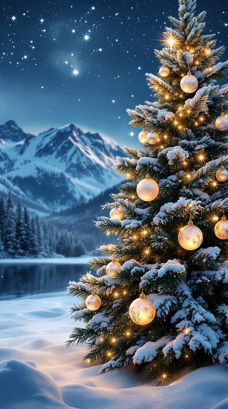 Winter, magical night. Beautiful starry sky. On the shore of a beautiful frozen lake stands an incredibly beautiful New Year tree, in the background in the middle of a fabulous magical winter forest rise huge mountains. On the mountains the snow sparkles in the moonlight., a winter night scene with a beautifully decorated evergreen tree, heavy with fresh white snow. Several decorative Christmas ornaments adorn the branches, including glossy spheres in soft pastel shades of gold and white, delicately decorated with frost patterns. The ornaments emit a warm, inviting glow, contrasting with the cool, deep green of the pine needles and the snow-white background. The soft lighting from the ornaments reflects off the snow, creating a magical atmosphere.