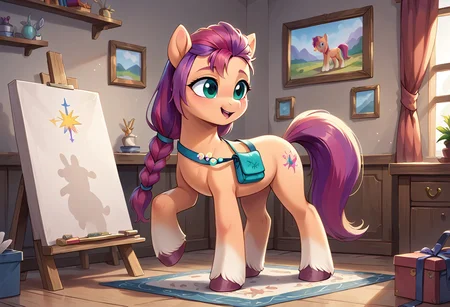 score_9, score_8_up, score_7_up, score_6_up, score_5_up, score_4_up, sunny starscout,
earth pony, pegasus pony, g5, inside, rich colors, artist workshop, presents a painting of rabbits, aroused, front view, detailed background, pony, solo, detailed, 8k quality, side view, beautiful, teasing, easel and brushes, leaned to the floor, close up,