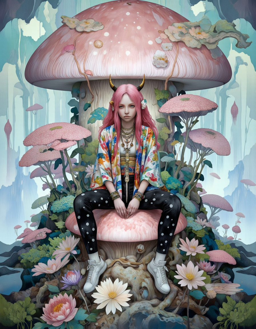 Art by Vvika. A surreal digital illustration shoot from a front camera angle about a woman with long pink hair sitting on a large mushroom-shaped structure surrounded by lush greenery and pink flowers. the woman, who appears to be in her early twenties, is positioned in the middle of the image, with her upper body facing the viewer and her eyes looking directly at the viewer. she has a serious expression and is wearing a colorful kimono with intricate patterns, black pants with white polka dots, and white sneakers. her hair is styled in a long, flowing manner and falls down her back. she is adorned with multiple necklaces, bracelets, and earrings, and has a pair of horns on her head. the background features a vibrant, ethereal landscape with a mix of pastel colors, including shades of blue, green, and pink, and a mystical, otherworldly atmosphere.