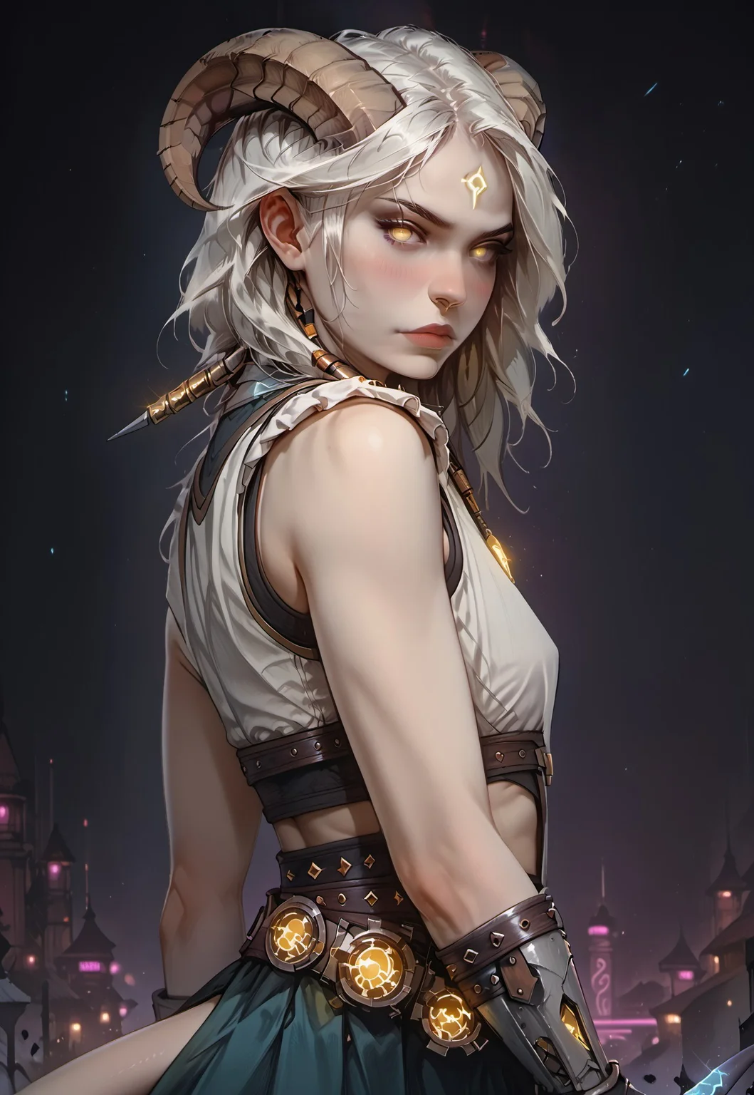 <lora:OZRN:0.9>, score_9, score_8_up, score_7_up, OZRN, digital art, side-view, 1girl, solo, small tits, culDraenei, yellow eyes, no sclera, no pupils, athletic, tall, slim, pale skin, grey skin, long tail, long ears, long hair, armor, breastplate, bracers, pauldrons, skirt, belt, navel, bare stomach, nose-ring, standing, [nose blush:0.8], pale skin, looking at viewer, dark background, (neon lights), (soft glow),<lora:ff:0.2>, gothic anime style,<lora:GothicAnimev1:0.4>