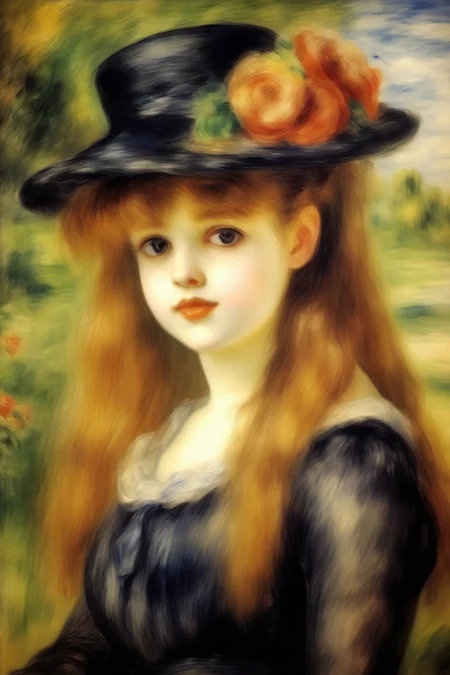<lora:Pierre Auguste Renoir Style:1>Pierre Auguste Renoir Style - Beautiful victorian girl with black hat