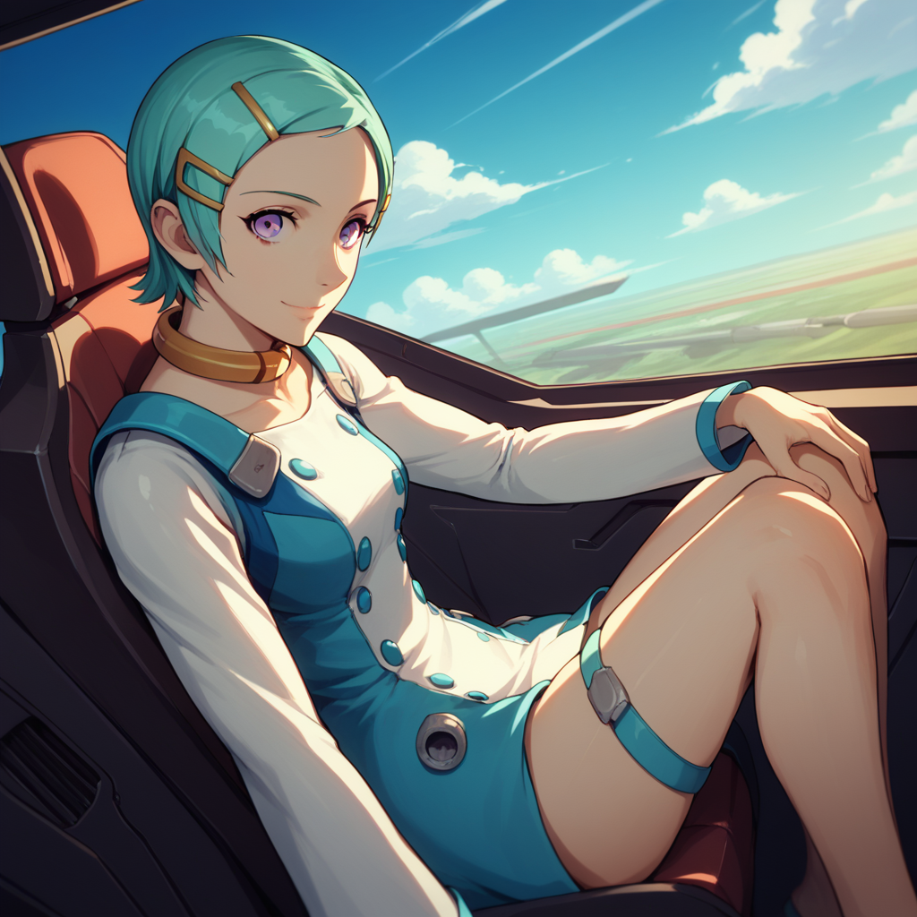 score_9, score_8_up, score_7_up, <lora:Eureka - Eureka Seven V3-000010:1>, 1girl, solo, purple eyes:1, short hair, aqua hair, hairclip, hair ornament, collar, dress, long sleeves, thigh strap, cowboy shot, dutch angle, smile, sky, cloudy sky, science fiction, cockpit, joystick, fighter jet, heads-up display, sitting, on chair, hands on own knees, leaning back, <lora:add-detail-xl:1>, from side, leaning back, looking at viewer,
