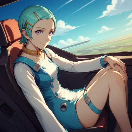 score_9, score_8_up, score_7_up, <lora:Eureka - Eureka Seven V3-000010:1>, 1girl, solo, purple eyes:1, short hair, aqua hair, hairclip, hair ornament, collar, dress, long sleeves, thigh strap, cowboy shot, dutch angle, smile, sky, cloudy sky, science fiction, cockpit, joystick, fighter jet, heads-up display, sitting, on chair, hands on own knees, leaning back, <lora:add-detail-xl:1>, from side, leaning back, looking at viewer,