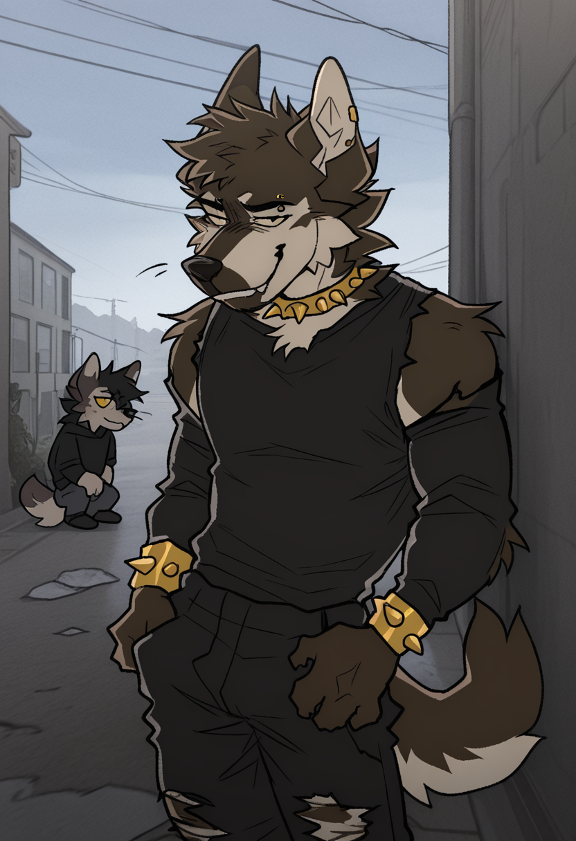 best quality, amazing quality, very aesthetic, absurdres, newest, by maggotnizer, furry, anthro, wolf, golden earring, eyebrow piercing, yellow eyes, two-tone fur, fur tufts, tail, torn clothes, bara, bold, golden spiked collar, smug face, <lora:Maggotnizer_style_Illustrious:1>