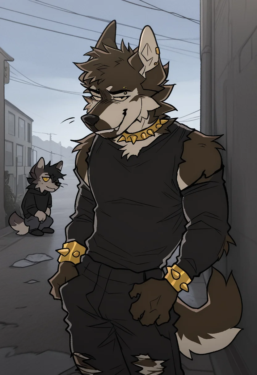 best quality, amazing quality, very aesthetic, absurdres, newest, by maggotnizer, furry, anthro, wolf, golden earring, eyebrow piercing, yellow eyes, two-tone fur, fur tufts, tail, torn clothes, bara, bold, golden spiked collar, smug face, <lora:Maggotnizer_style_Illustrious:1>