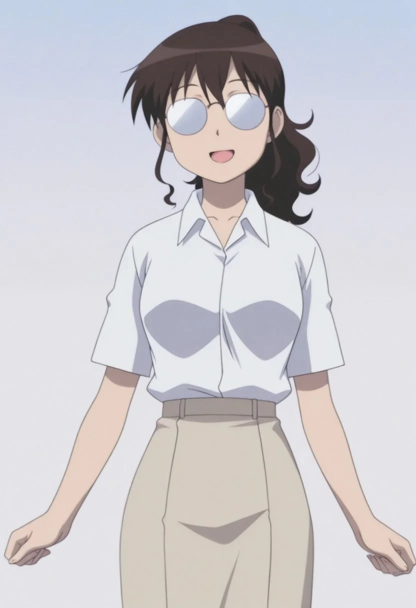 ratio 9:16, anime screencap, masterpiece,best quality, amazing quality, anime coloring, gradient backdrop, 1girl, solo, short ponytail, brown hair, wolfcut, choppy bangs, slightly wavy hair, long hair, g-boston19A, glasses, opaque glasses, looking at viewer, collared shirt, long beige skirt, open mouth, smile