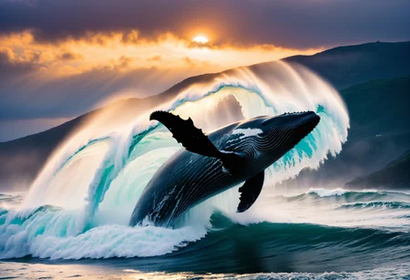 glamour shot of a massive (whale:1.4) cresting the wild sea waves, close-up, masterpiece, best quality, (intricate details), (****), eldritch, volumetric lighting, unique pose, dynamic pose, dutch angle, 35mm, anamorphic, lightroom, cinematography, film grain, HDR10, 8k hdr, Steve McCurry, ((cinematic)), RAW, color graded portra 400 film, remarkable color, raytracing, subsurface scattering,