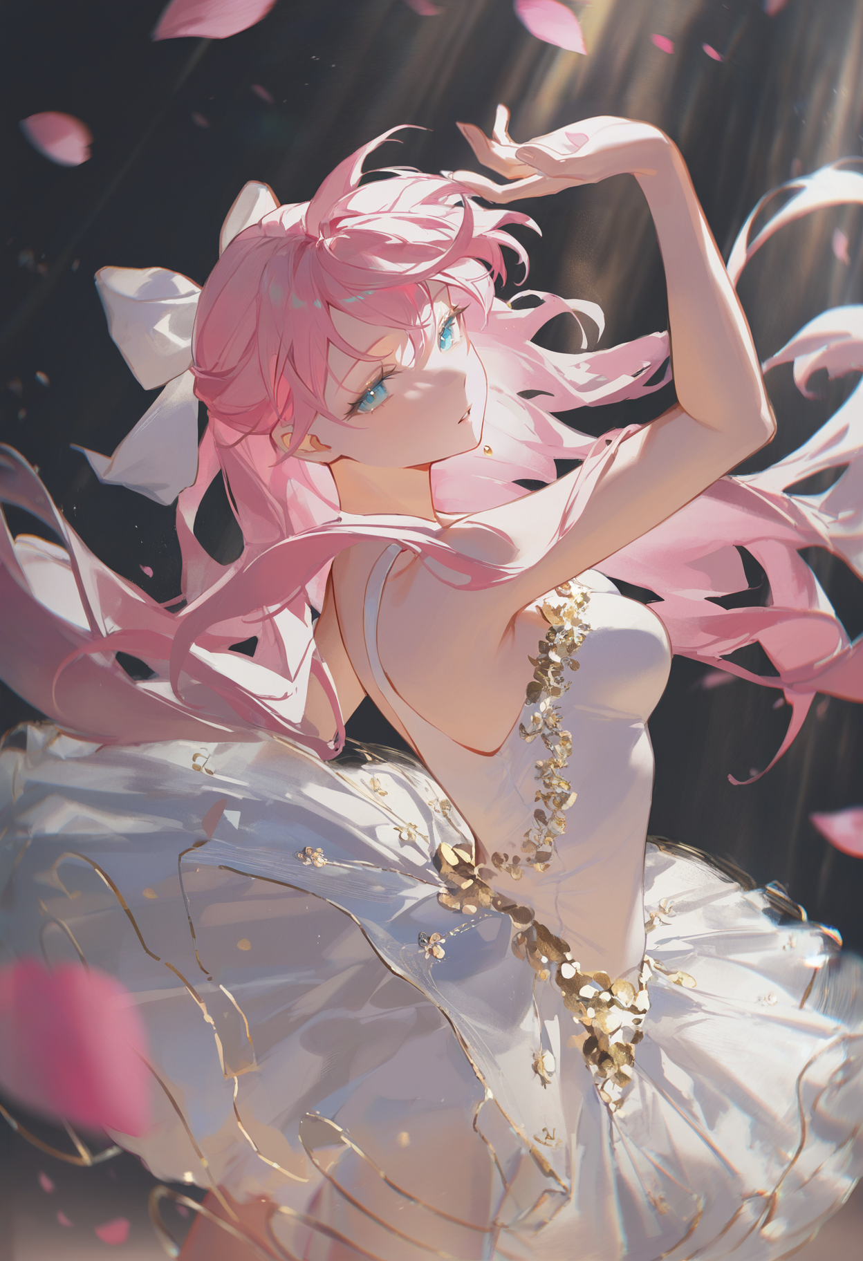 very awa, masterpiece, best quality, newest, absurdres, highres, <lora:artist_niukou_kouzi_vpred_v2:1>
(pink theme, white theme, gold theme:1.5), dancing, 1girl, megurine luka, solo, ballet, ballerina, dress, bare shoulders, white theme, standing, light rays, floating hair, pink petals, (close-up:1.2), blurry, bloom, medium breasts, white dress, frills, wind, half-closed eyes, parted lips, sleeveless, dark background, ornate, looking at viewer, half updo, white bow, alternate costume, tutu,