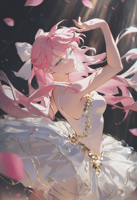 very awa, masterpiece, best quality, newest, absurdres, highres, <lora:artist_niukou_kouzi_vpred_v2:1>
(pink theme, white theme, gold theme:1.5), dancing, 1girl, megurine luka, solo, ballet, ballerina, dress, bare shoulders, white theme, standing, light rays, floating hair, pink petals, (close-up:1.2), blurry, bloom, medium breasts, white dress, frills, wind, half-closed eyes, parted lips, sleeveless, dark background, ornate, looking at viewer, half updo, white bow, alternate costume, tutu,