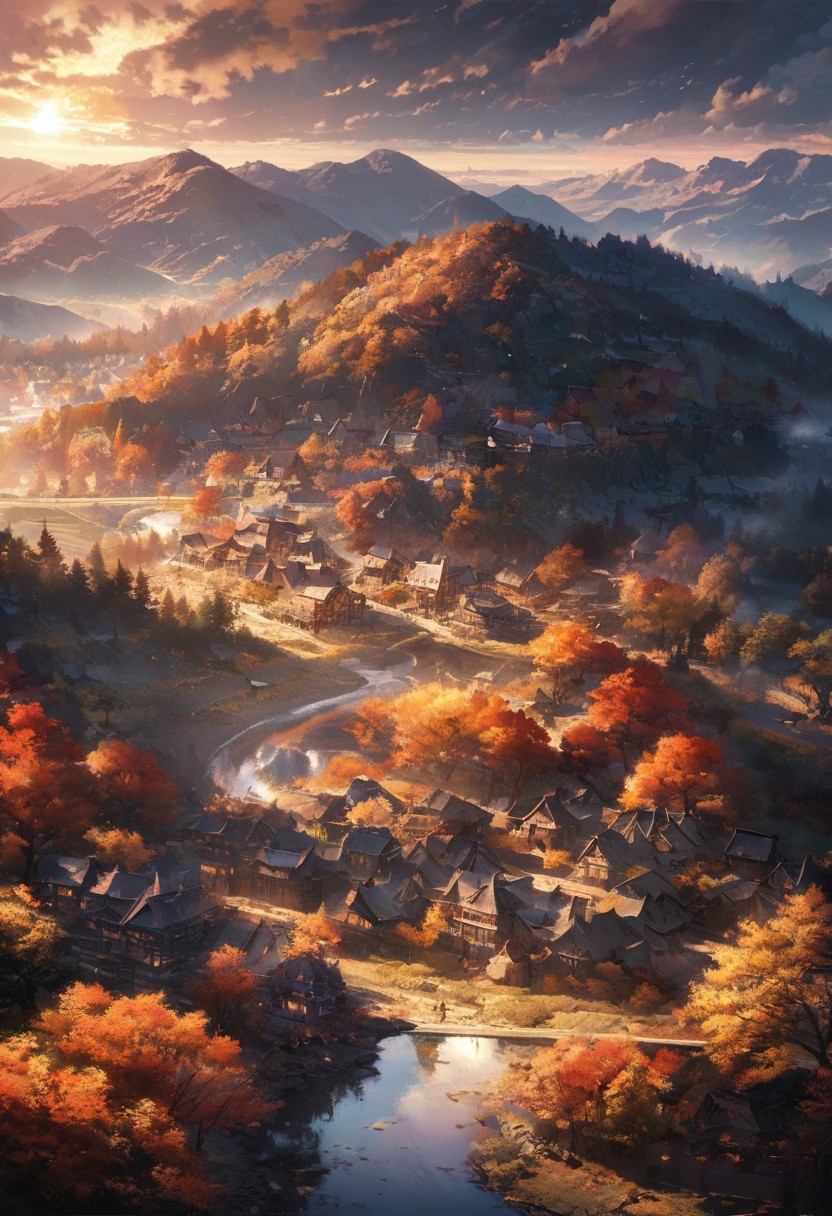 Breathtaking views, nostalgia, detailed landscape, captivating, a harmony of nostalgia and innovation, great lighting, Nature, autumn leaves, fall, forests, rural townscapes, gassho-style houses, Scenery that blends Meiji and modern times, sun, sunlight, beautiful rivers, double exposure, beautiful view, mysterious glow, beautiful clouds, depth of field, masterpiece, best quality, 8k, ultra-detailed, very aesthetic, illustration, superb composition, finest details, , intricate details, absurdres, high contrast, RAW, concept art,