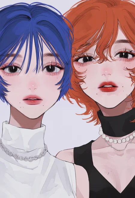 masterpiece, best quality, amazing quality, absurdres, newest, very awa,
2girls, lipstick, mole under eye, mole under mouth, black eyes, blue hair, orange hair, short hair, hair between eyes, parted lips, looking at viewer, simple background, turtleneck, silver jewelry, necklace, pearl necklace, white shirt, bare shoulders, collarbone,
<lora:tami_moon:1>
<lora:spo_sdxl_10ep_4k-data_lora_webui:0.75>,