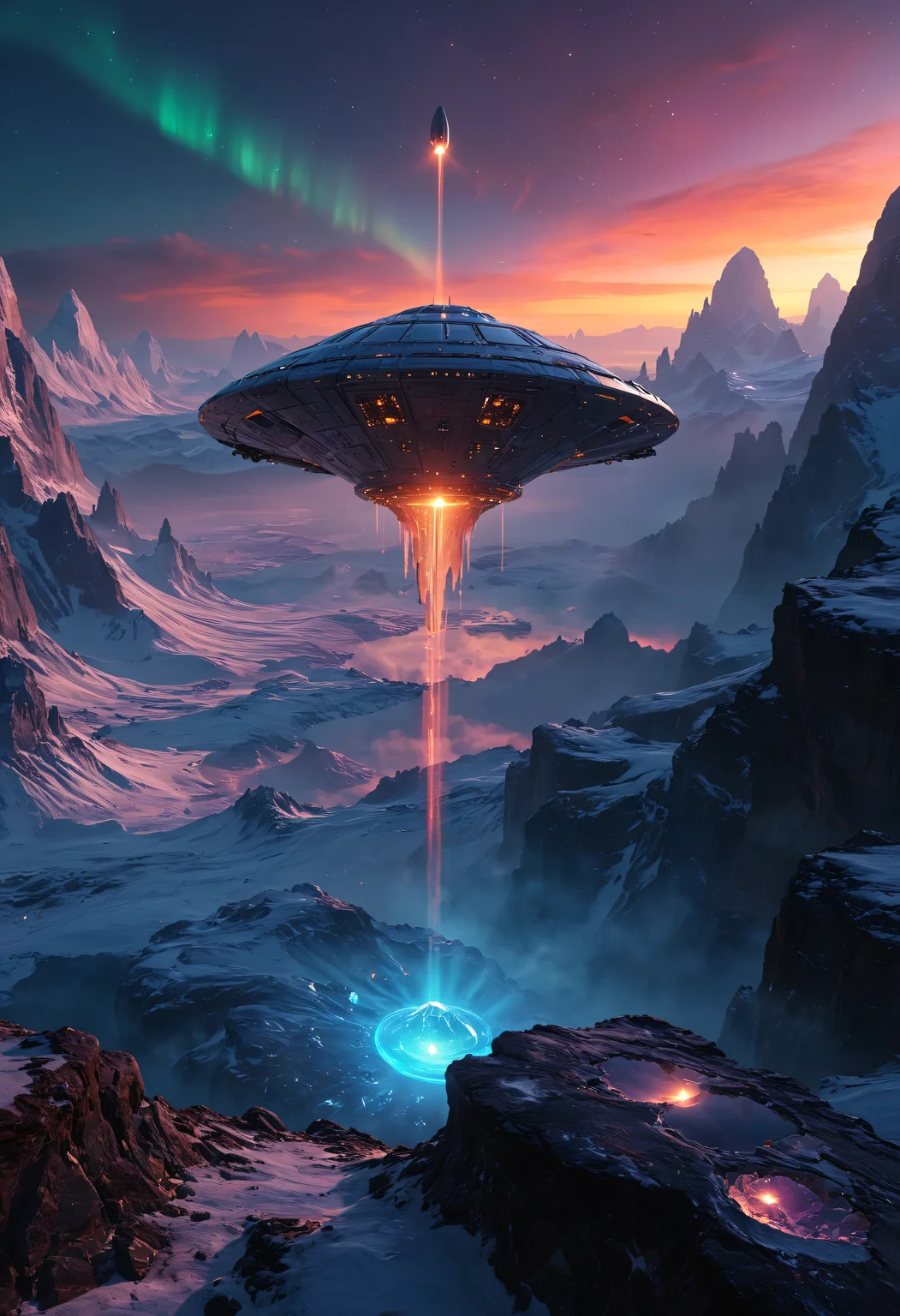 aidmaMJ6.1, High-tech alien spacecraft, massive spacecraft with intricate glowing patterns, shaped like an organic crystal, hovering above a vivid crystalline planet surface, Surrounding the scene, towering icy formations reflect a brilliant aurora borealis that streaks across the dark sky in greens, purples, and blues, The landing zone is surrounded by crystalline rocks emitting a faint ethereal glow, hyper-realistic, cinematic lighting, <lora:DetailMaximizer:0.5> <lora:MidjourneyV6.1:0.5> <lora:add-detail-xl:0.5> <lora:MJ52:0.5>