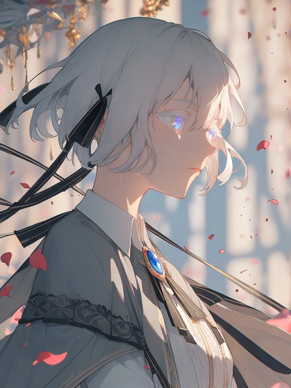 solo,petals,colored eyelashes,brooch,ribbon,hair ribbon,1girl,short hair,white hair,closed mouth,jewelry,hair between eyes,eyelashes,shirt,collared shirt,black ribbon,blue eyes,from side,white shirt,grey capelet,
<lora:void_0_1-000034:1>,