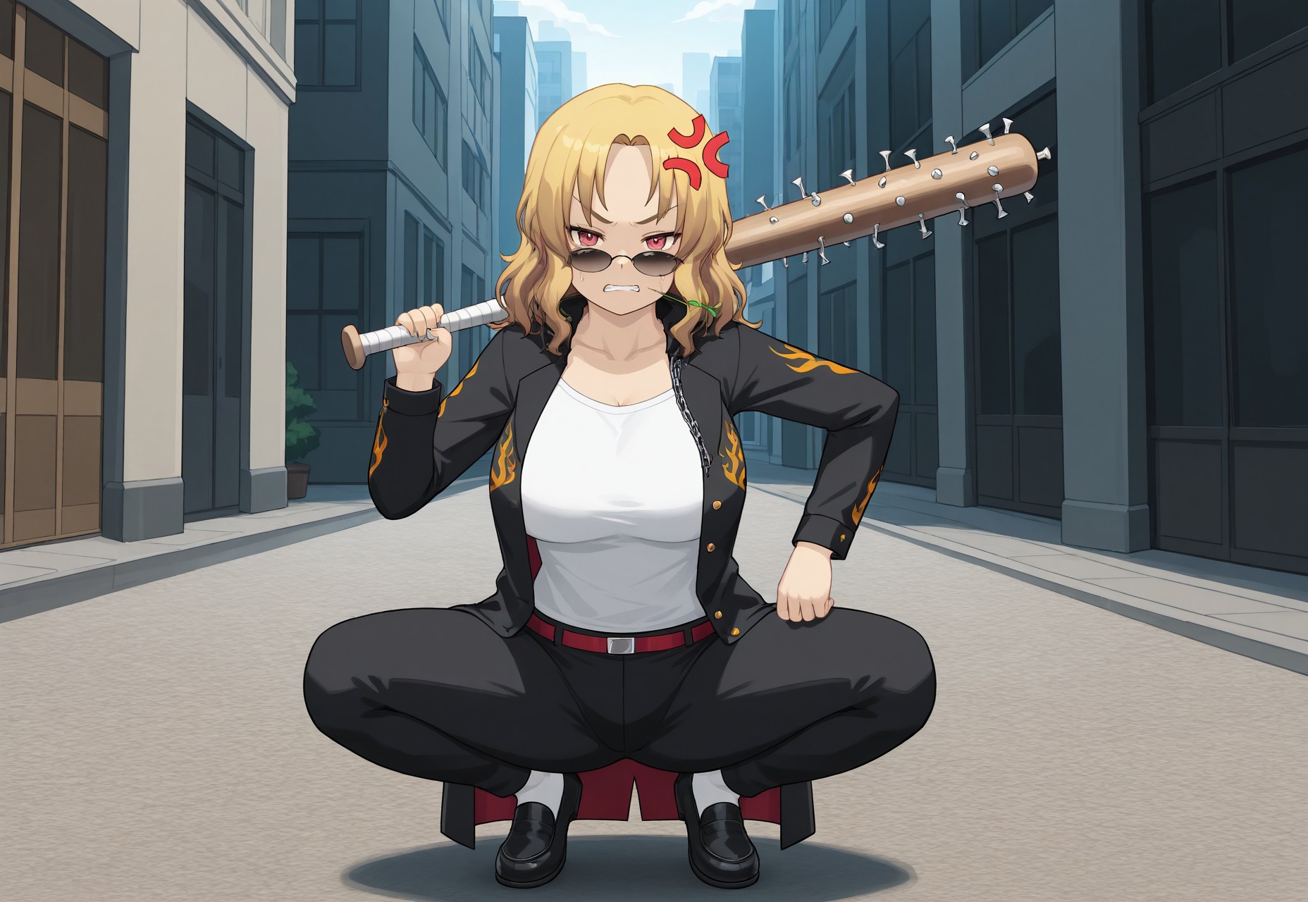 safe_pos, score_9, score_8_up, score_7_up, score_6_up, high resolution, gorgeous, absurdres, best quality, anime screencap, source_anime, shiki /(psychedelic g2/), official art, 1girl, lightning tsu, blonde hair, long hair, red eyes, facial scars, large breasts, tall female, white T-shirt, japanese school uniform, loafers, coat, flame print, chains, sunglasses, nail bat, squatting, stalk in mouth, outdoors, city, angry, anger vein, solo