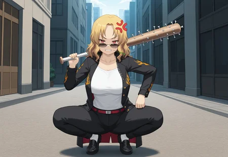 safe_pos, score_9, score_8_up, score_7_up, score_6_up, high resolution, gorgeous, absurdres, best quality, anime screencap, source_anime, shiki /(psychedelic g2/), official art, 1girl, lightning tsu, blonde hair, long hair, red eyes, facial scars, large breasts, tall female, white T-shirt, japanese school uniform, loafers, coat, flame print, chains, sunglasses, nail bat, squatting, stalk in mouth, outdoors, city, angry, anger vein, solo