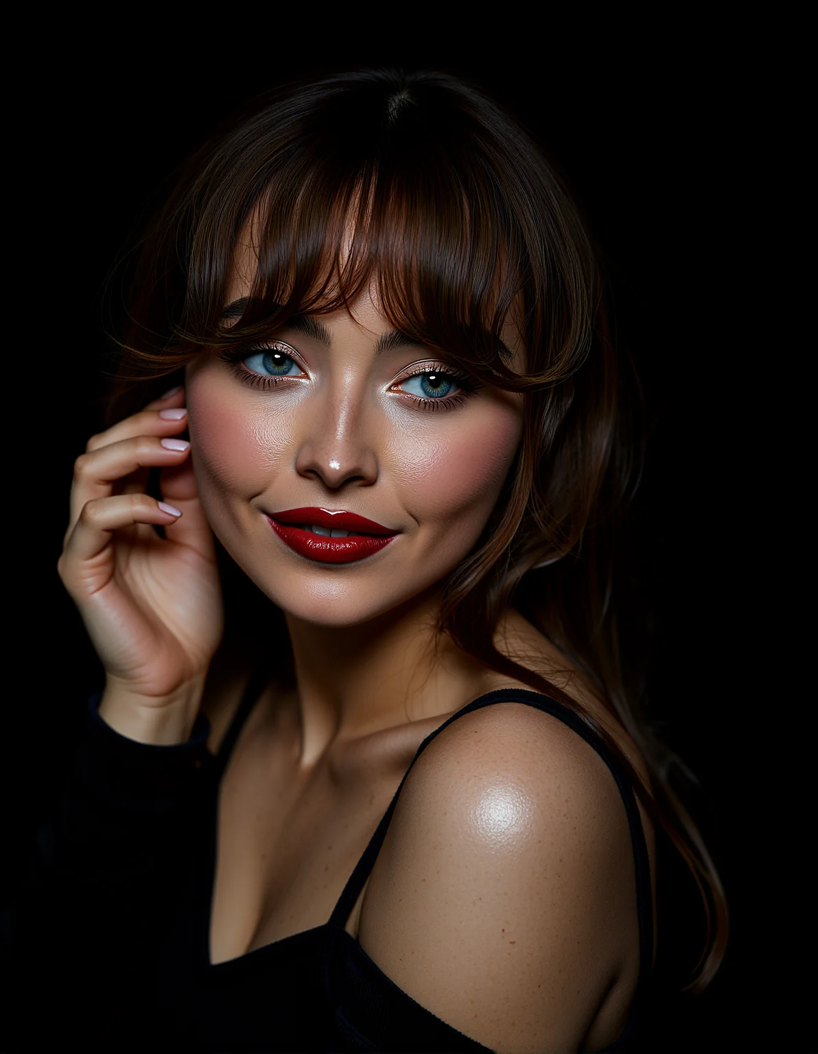 A photorealistic close-up of sabcarp, woman’s face, partially illuminated by a single, soft light source. Her pale skin contrasts sharply with the deep shadows surrounding her. Her hair is wavy brown, with bangs, revealing perfectly arched eyebrows. Her eyes, wide and strikingly blue, are framed by long, dark lashes. Her lips are painted a bold red, adding a touch of glamour to the otherwise stark image. The background is a deep black, making her face the sole focal point. She is wearing an outfit with wide neckline
Aesthetics include Micro-Detail Skin Texturing, Reflective Eye Highlights,Smooth Transition of Light and Shadow, Refined Eye Makeup with Gradient Shadows.
subtle backlighting to highlight the edges of the hair and shoulders, giving the subject a glowing outline against the darker background. glimmering specular highlights on the lips and eyes, catching the light in precise spots to enhance their wet, glossy appearance. a few soft hair strands gently framing the face, with natural movement and flow, adding depth and dimension to the hairstyle.
One hand resting on her cheek, head tilted slightly to the side, looking down with a soft smile.