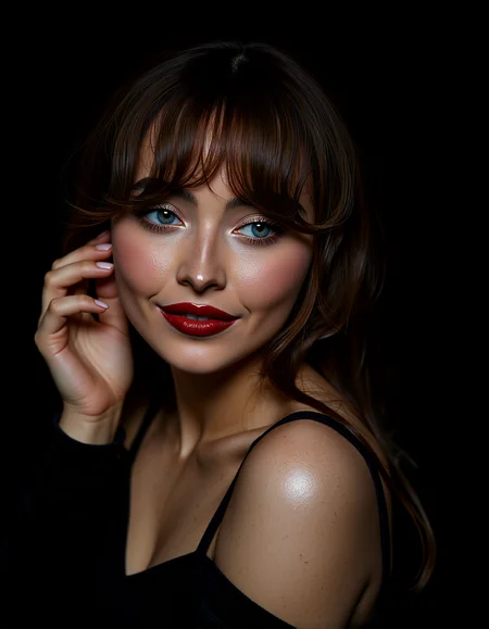 A photorealistic close-up of sabcarp, woman’s face, partially illuminated by a single, soft light source. Her pale skin contrasts sharply with the deep shadows surrounding her. Her hair is wavy brown, with bangs, revealing perfectly arched eyebrows. Her eyes, wide and strikingly blue, are framed by long, dark lashes. Her lips are painted a bold red, adding a touch of glamour to the otherwise stark image. The background is a deep black, making her face the sole focal point. She is wearing an outfit with wide neckline
Aesthetics include Micro-Detail Skin Texturing, Reflective Eye Highlights,Smooth Transition of Light and Shadow, Refined Eye Makeup with Gradient Shadows.
subtle backlighting to highlight the edges of the hair and shoulders, giving the subject a glowing outline against the darker background. glimmering specular highlights on the lips and eyes, catching the light in precise spots to enhance their wet, glossy appearance. a few soft hair strands gently framing the face, with natural movement and flow, adding depth and dimension to the hairstyle.
One hand resting on her cheek, head tilted slightly to the side, looking down with a soft smile.