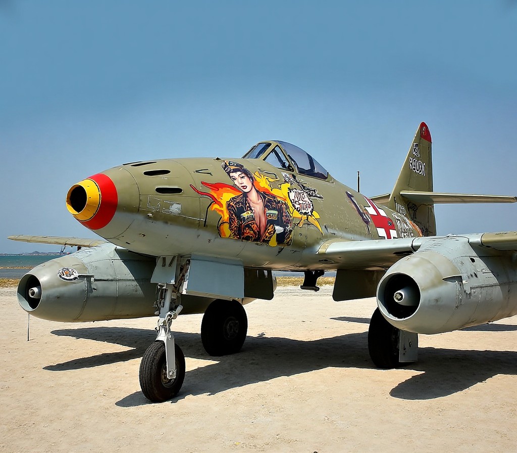 Messerschmitt Me 262 <lora:me-262-flux:2.3> A Messerschmitt Me 262 parked on a sunlit beach, its fuselage decorated with vibrant pop art featuring a sultry woman in a commander’s hat and stylish military uniform. The scene contrasts the vintage jet with the retro aesthetic, incorporating bold colors, comic-style speech bubbles, and playful pin-up vibes.