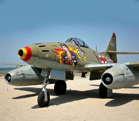 Messerschmitt Me 262 <lora:me-262-flux:2.3> A Messerschmitt Me 262 parked on a sunlit beach, its fuselage decorated with vibrant pop art featuring a sultry woman in a commander’s hat and stylish military uniform. The scene contrasts the vintage jet with the retro aesthetic, incorporating bold colors, comic-style speech bubbles, and playful pin-up vibes.